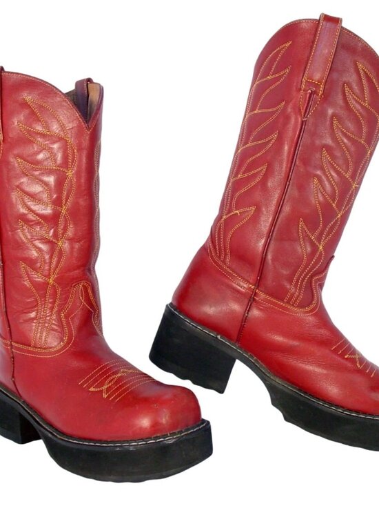 JOHN FLUEVOG F-Shoe Brick Red Leather Cowboy Boots Wom 10.5 - Made in MEXICO - Picture 1 of 11